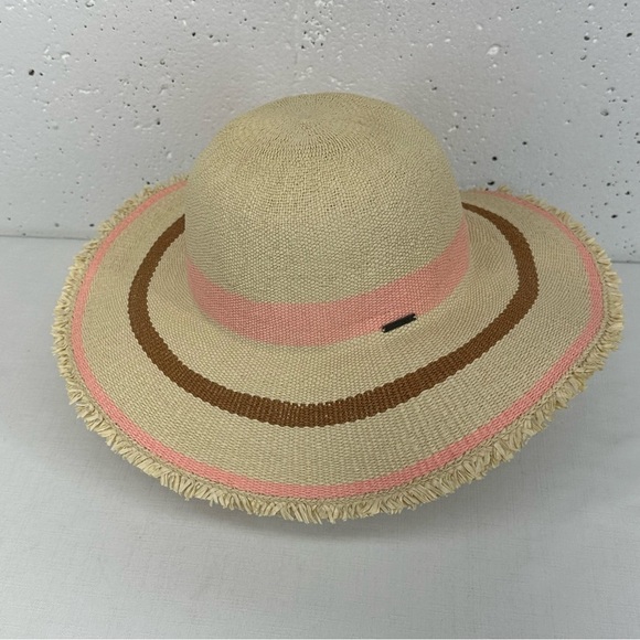 Roxy size M/ L Straw Pink Stripe Floppy Fringe Sun Hat - Picture 2 of 11